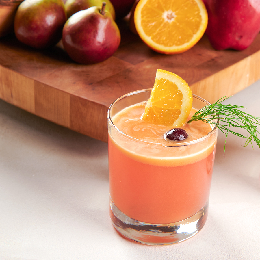 cranberry orange apple juice garnished with orange, cranberry and fennel frond