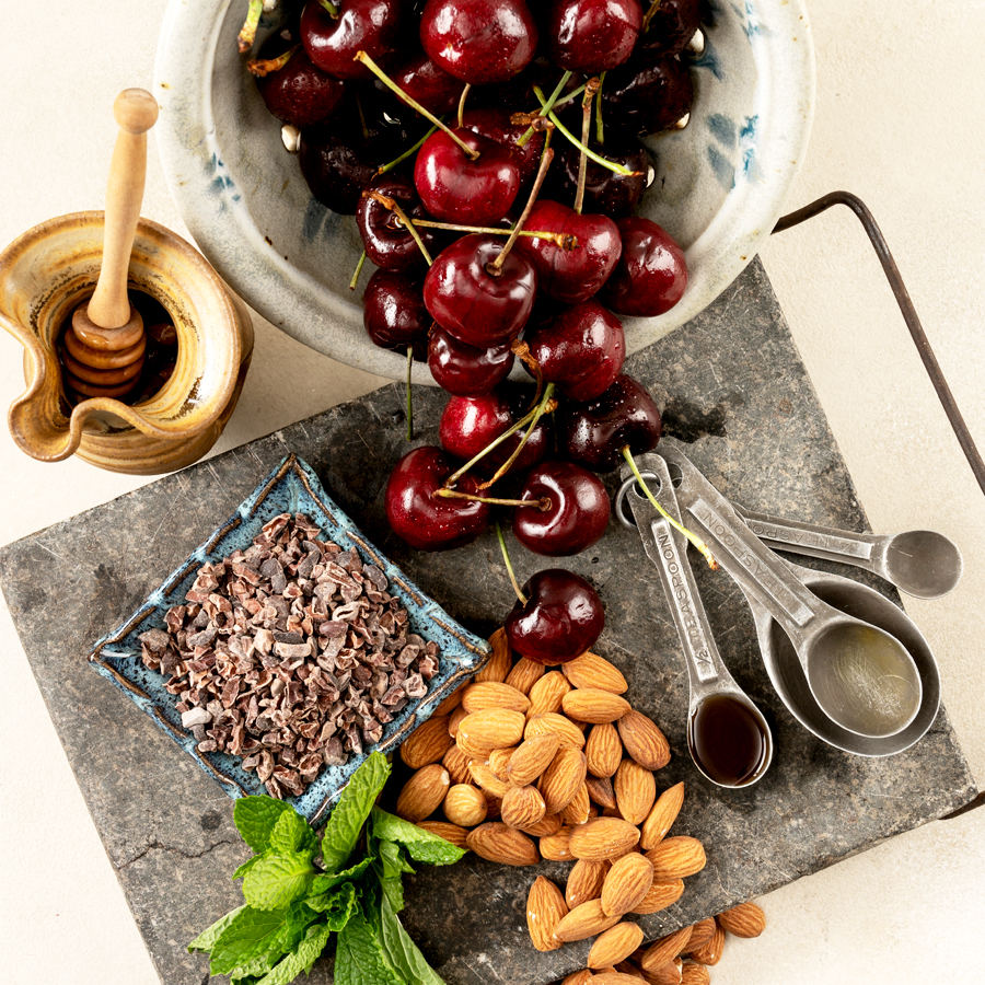 Ingredients to make cherry almond milk 